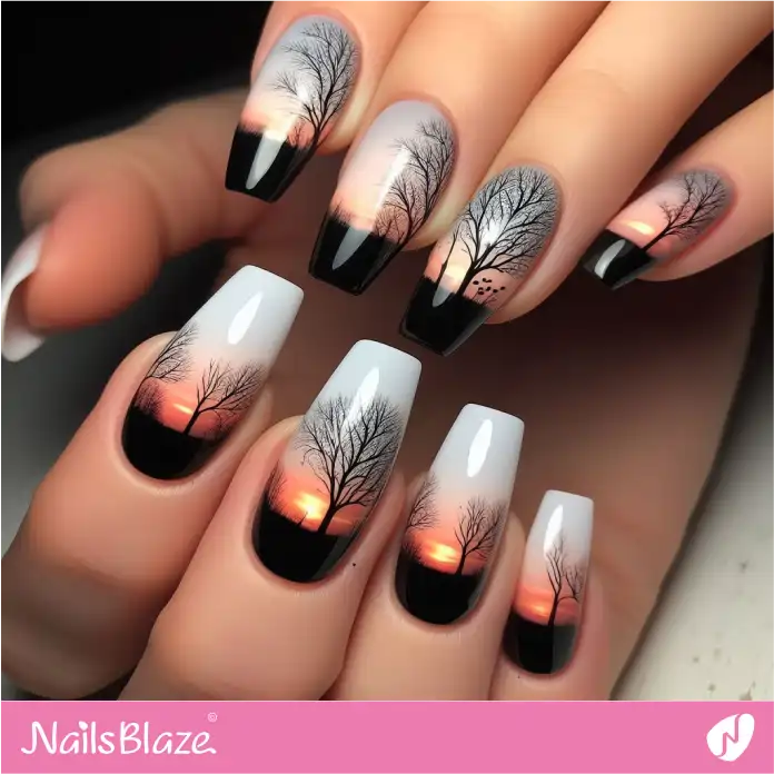 French Manicure Forest Sunset Landscape Design | Love the Forest Nails - NB2863